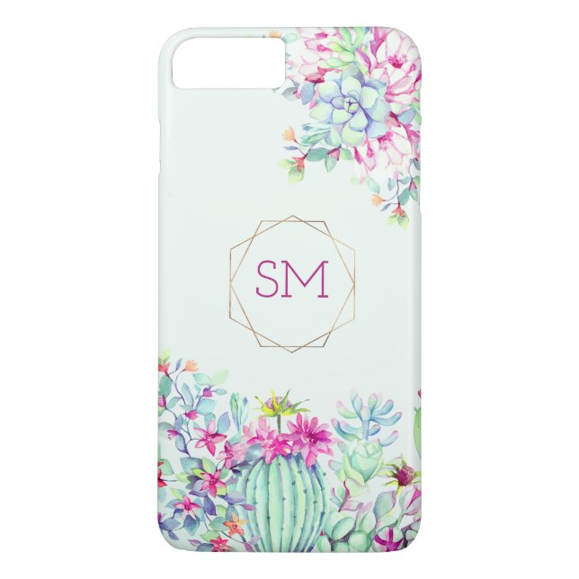 Cactus Succulent Watercolor Geometric Monogram Case-Mate iPhone Case (Back)