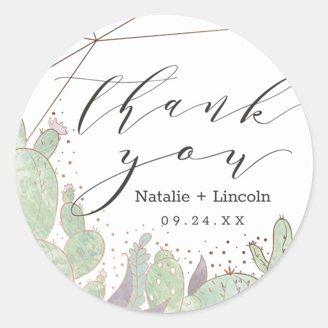 Cactus & Succulents Geometric Thank You Wedding Classic Round Sticker (Front)