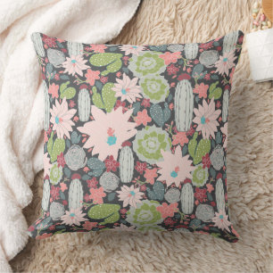 Cactus Succulents Green Pinks Blue Pattern Throw Pillow