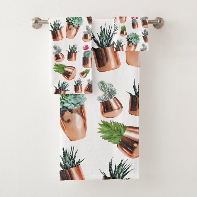 Cactus & Succulents in Rose Gold Pots Bath Towel Set (Insitu)