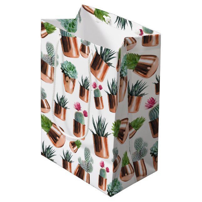 Cactus & Succulents in Rose Gold Pots Medium Gift Bag (Front Angled)
