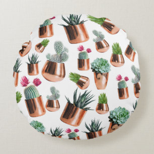 Cactus & Succulents in Rose Gold Pots Round Pillow