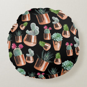Cactus & Succulents in Rose Gold Pots Round Pillow