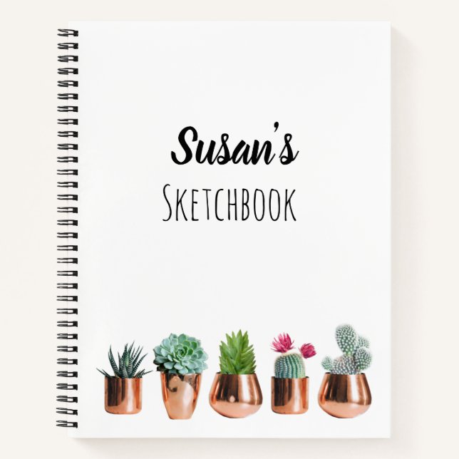 Cactus & Succulents in Rose Gold Pots Sketchbook Notebook (Front)