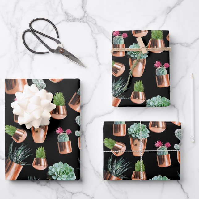 Cactus & Succulents in Rose Gold Pots Wrapping Paper Sheet (Front)