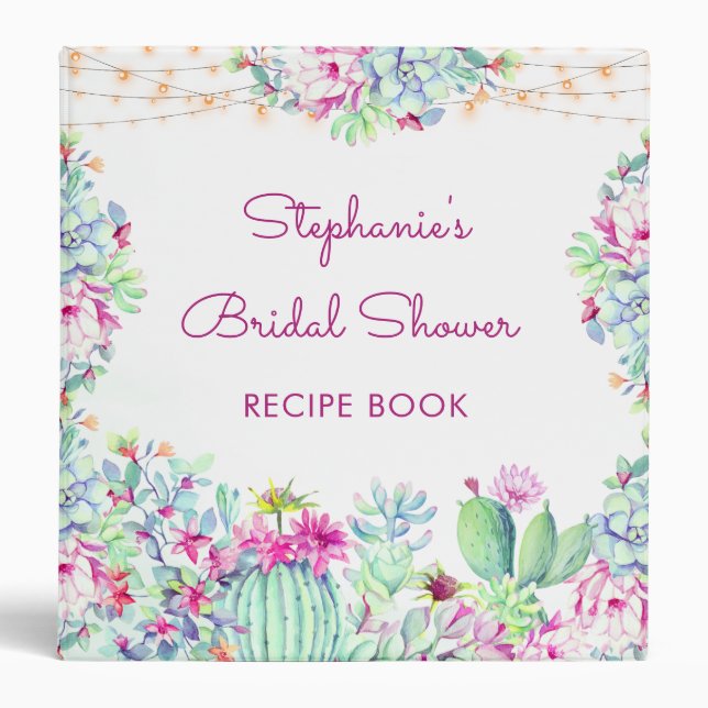 Cactus Succulents Lights Bridal Shower Recipe Binder (Front)