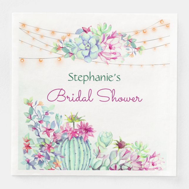 Cactus Succulents String Lights Bridal Shower Napkin (Front)