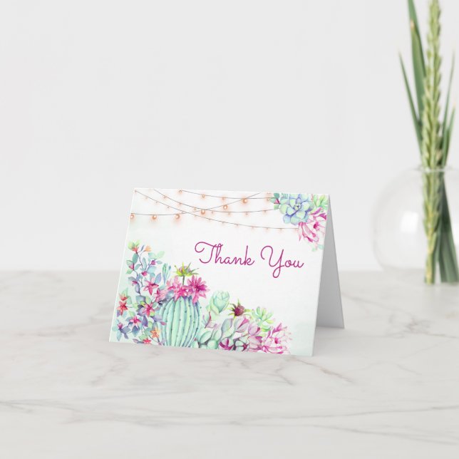 Cactus Succulents String Lights Bridal Shower Thank You Card (Front)