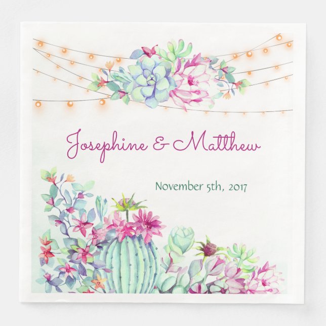 Cactus Succulents String Lights Wedding Napkin (Front)