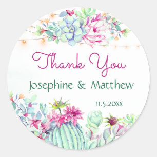 Cactus Succulents String Lights Wedding Thank You Classic Round Sticker