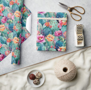 Cactus succulents watercolor botanical pattern wrapping paper