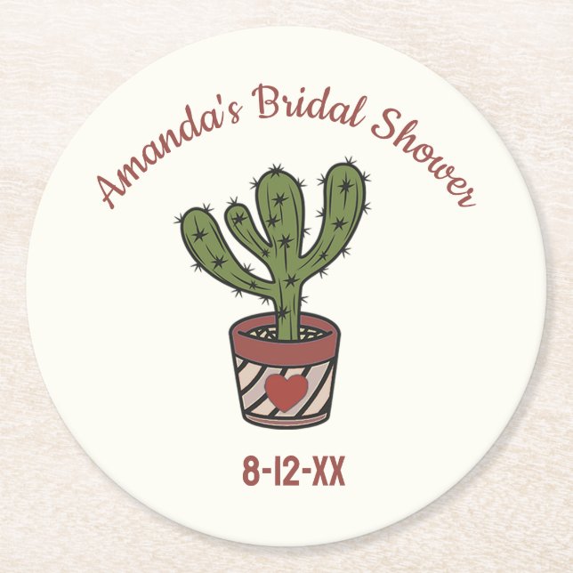 Cactus Theme Bridal Shower Personalized   Round Paper Coaster (Front)