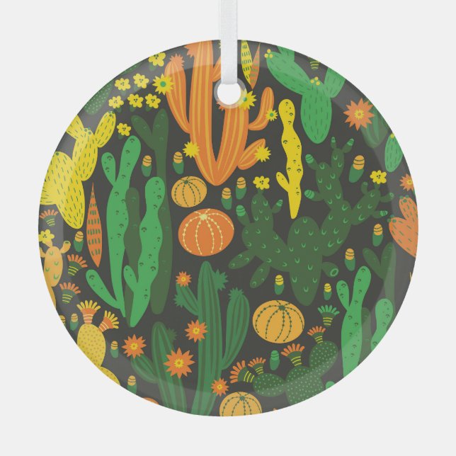 Cactus vintage: black seamless pattern. glass ornament (Front)