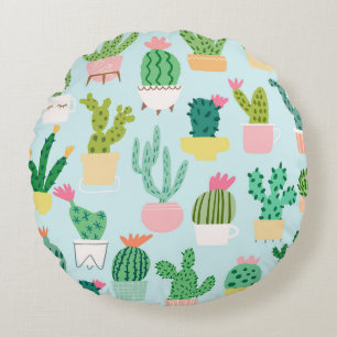 Cactus vintage seamless pattern. Cacti seamless ba Round Pillow