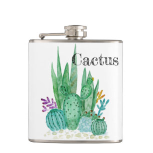 Cactus watercolor cacti flowers floral desert illu hip flask