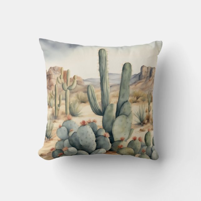Cactus Watercolor Desert Delight Throw Pillow (Front)