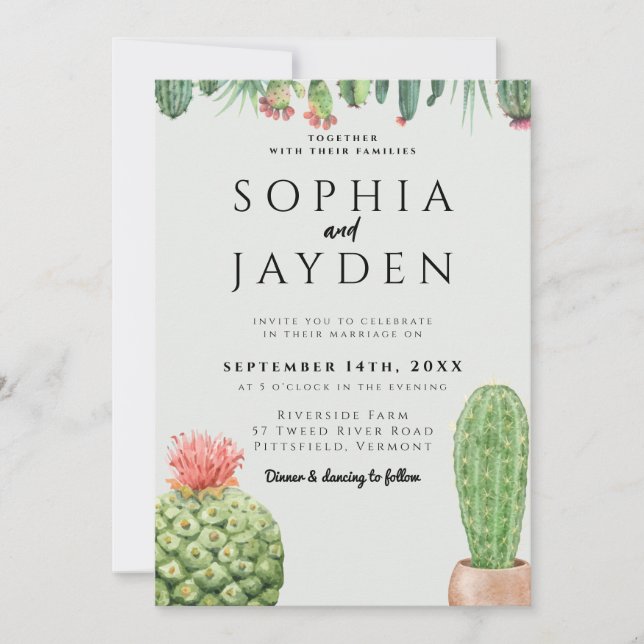 Cactus Watercolor Sage Garden Desert Green Wedding Invitation (Front)