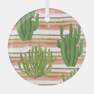 Cactus watercolor, stripe background, seamless pat glass ornament