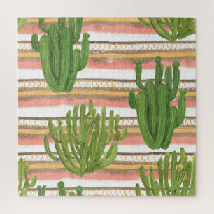 Cactus watercolor, stripe background, seamless pat jigsaw puzzle