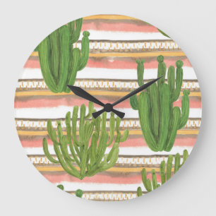 Cactus watercolor, stripe background, seamless pat large clock