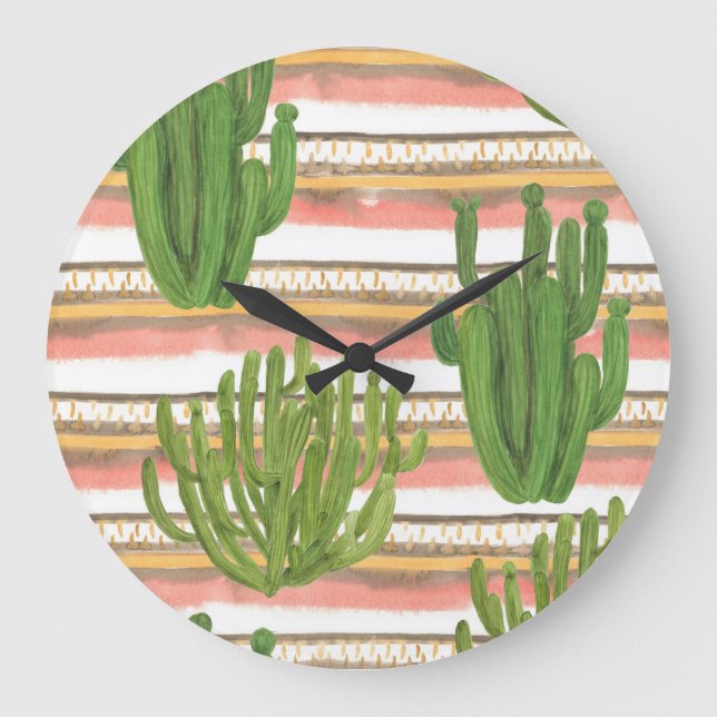 Cactus watercolor, stripe background, seamless pat large clock (Front)