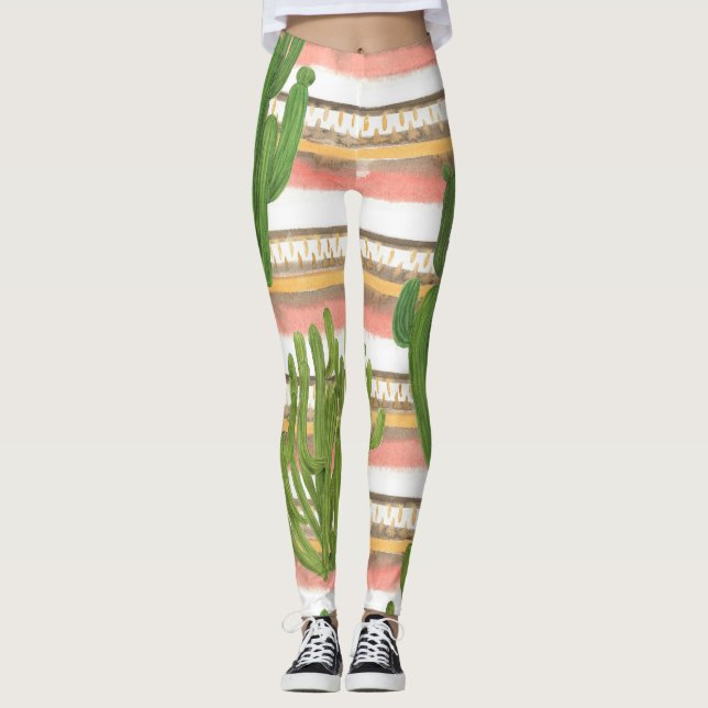 Cactus watercolor, stripe background, seamless pat leggings (Front)