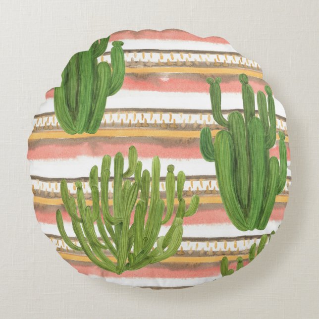 Cactus watercolor, stripe background, seamless pat round pillow (Front)
