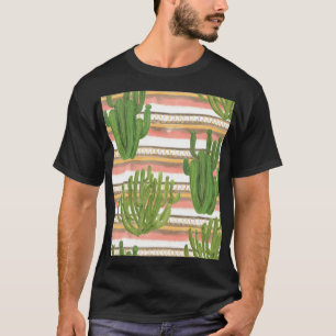 Cactus watercolor, stripe background, seamless pat T-Shirt