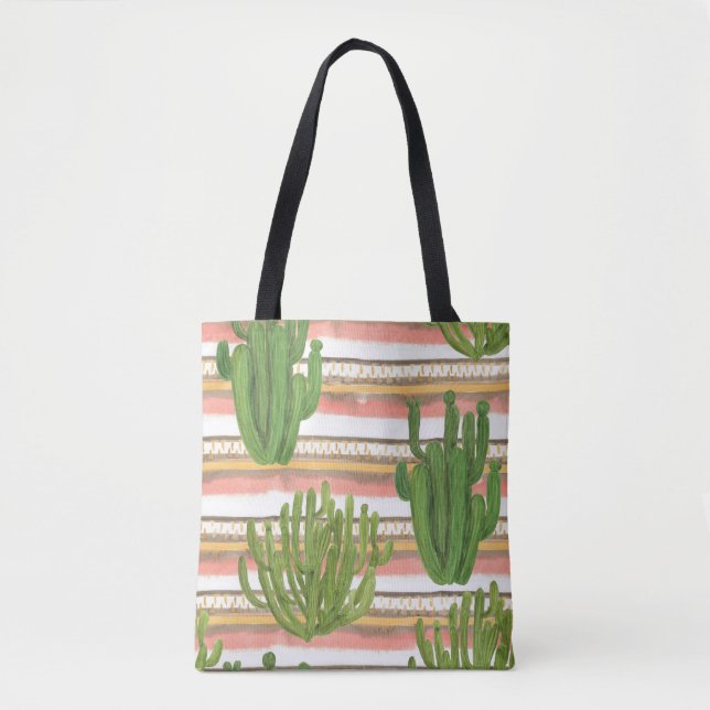 Cactus watercolor, stripe background, seamless pat tote bag (Front)