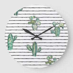 Cactus Watercolor: Vintage Pen Drawing. Large Clock