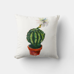 Cactus White Flower Watercolor Southwestern Boho Throw Pillow