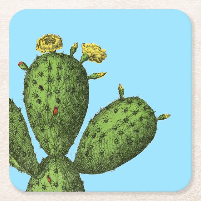 Cactus with Yellow Flowers Square Paper Coaster (Front)
