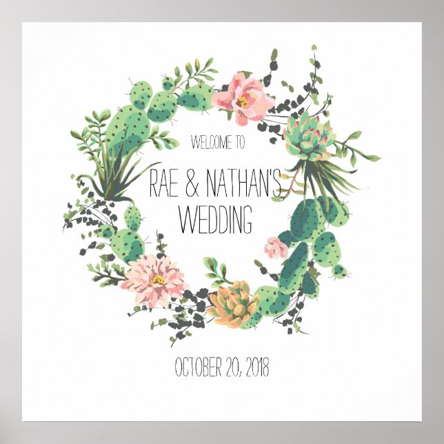 Cactus Wreath Watercolor Succulent Welcome Poster (Front)