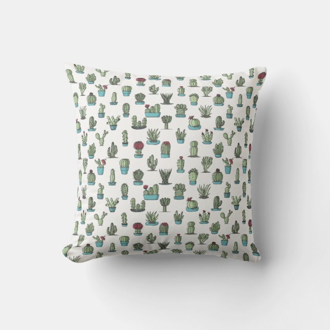 Cactuses and Succulents Plants Hand Drawn Pattern Throw Pillow (Front)