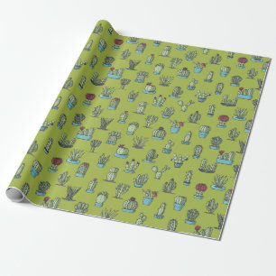 Cactuses and Succulents Plants Hand Drawn Pattern Wrapping Paper