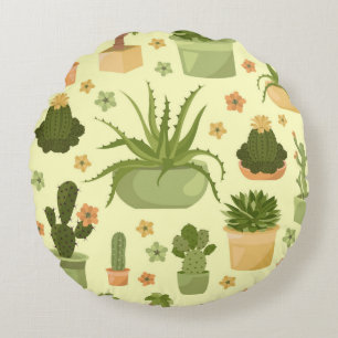 Cactuses and succulents seamless pattern. Housepla Round Pillow