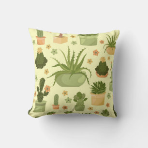 Cactuses and succulents seamless pattern. Housepla Throw Pillow