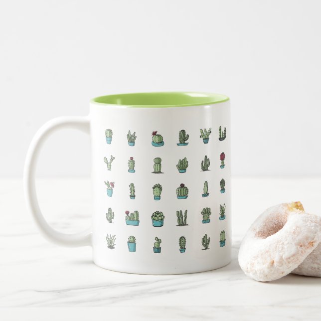 Cactuses Succulents Plants Hand Drawn Botanical Two-Tone Coffee Mug (With Donut)