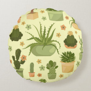Cactuses, succulents: vintage houseplants pattern. round pillow