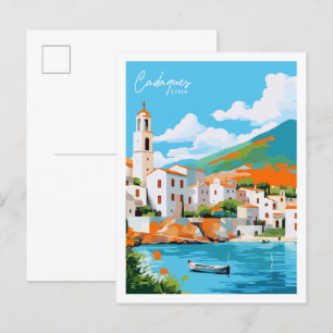 Cadaques Spain vintage travel place illustration Postcard