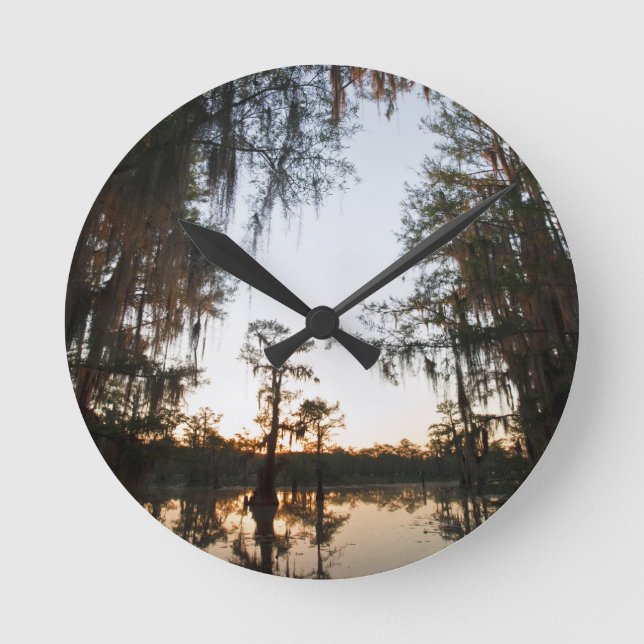 Caddo Lake at sunrise Round Clock (Front)