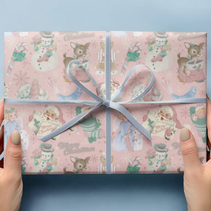 Cadeau adorable papier d'enveloppement de Noël rose rétro