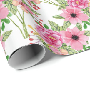 Cadeau Blanc  Papier à enveloppement de fleurs roses
