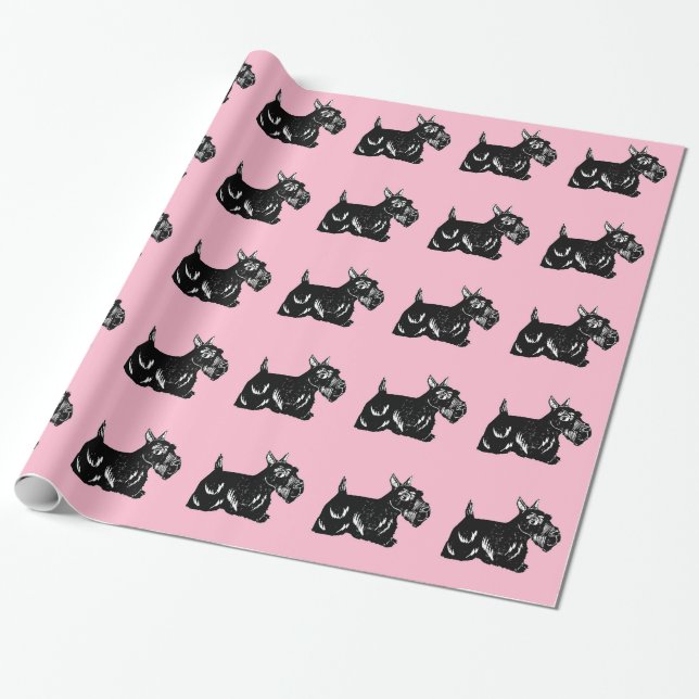 Cadeau Chiens écossais au papier à enveloppement rose (Déroulé)