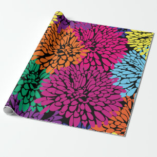 Cadeau chrysanthèmes multicolores sur papier d'emballage