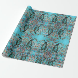 Cadeau corneille noire sur le papier d'emballage bleu