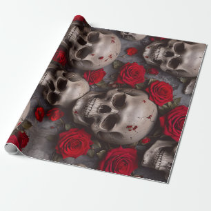 Cadeau Crânes Et Roses Rouges Enveloppant Du Papier