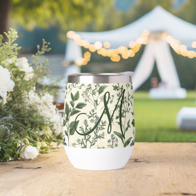 Cadeau de fleurs botaniques vert sauge initiale mo (Extérieur)