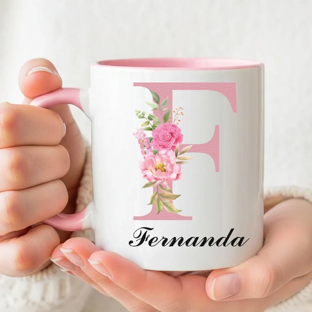 Cadeau de mug floral avec nom initial personnalisé (Custom Pink Floral Monogram Mug Gift for Her, Wildflower Initial Name Mug Birthday Gift for Mom)