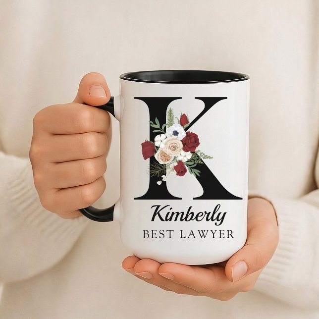 Cadeau de mug personnalisé avec initiale florale é (Personalized Monogram Floral Alphabet Mug for Mom, Grandma, Teacher, Nurse, Lawyer or Bridesmaid)